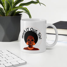 Load image into Gallery viewer, White mug with Black woman with gorgeous Afro, golden orange sunglasses, flat circular earrings and necklace with Work IT Out, Sis circled around her hair.
